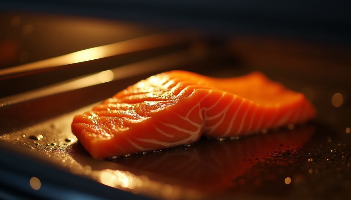 A healthy meal featuring oven-baked salmon and roasted vegetables.